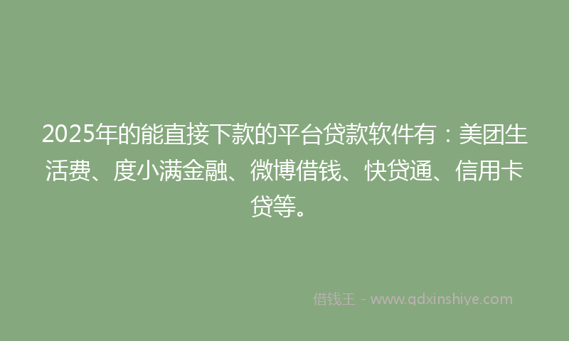 2025年的能直接下款的平台贷款软件有：美团生活费、度小满金融、微博借钱、快贷通、信用卡贷等。