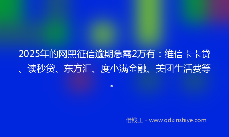 2025年的网黑征信逾期急需2万有：维信卡卡贷、读秒贷、东方汇、度小满金融、美团生活费等。