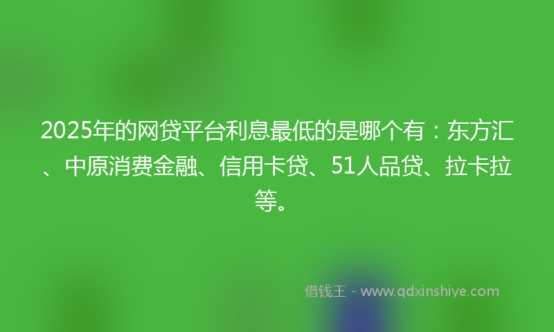 2025年的网贷平台利息最低的是哪个有：东方汇、中原消费金融、信用卡贷、51人品贷、拉卡拉等。