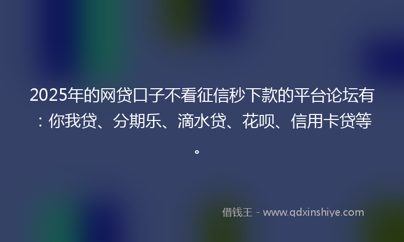 2025年的网贷口子不看征信秒下款的平台论坛有：你我贷、分期乐、滴水贷、花呗、信用卡贷等。