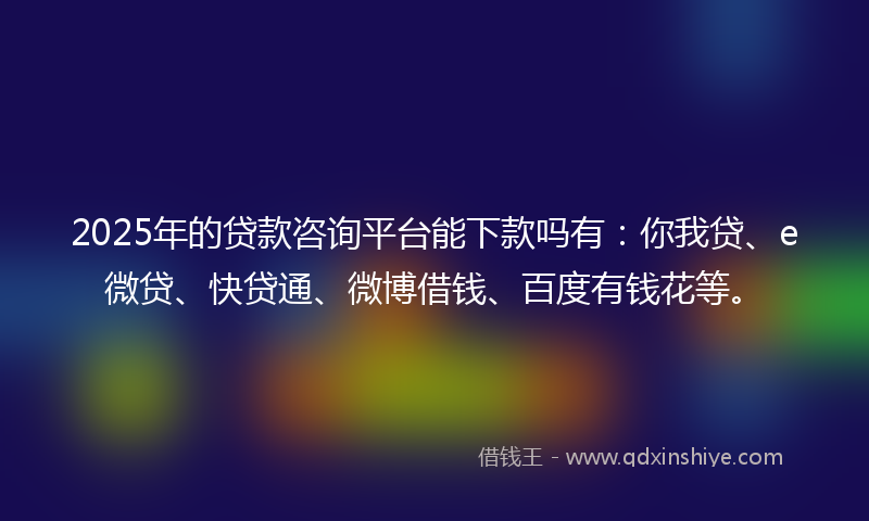 2025年的贷款咨询平台能下款吗有：你我贷、e微贷、快贷通、微博借钱、百度有钱花等。