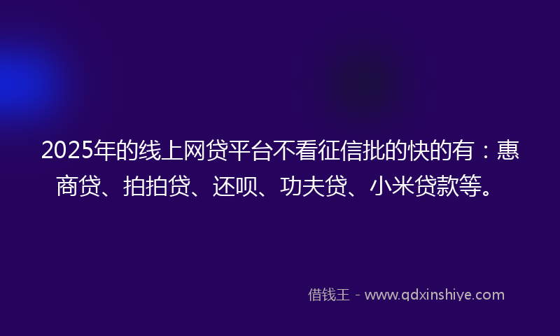 2025年的线上网贷平台不看征信批的快的有：惠商贷、拍拍贷、还呗、功夫贷、小米贷款等。