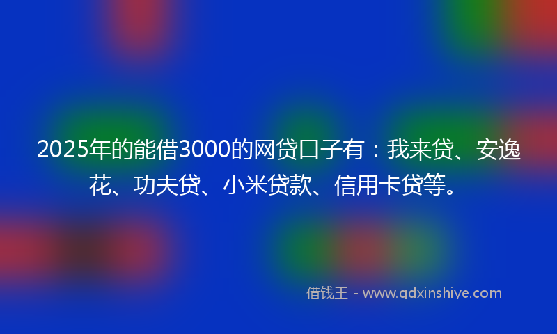 2025年的能借3000的网贷口子有：我来贷、安逸花、功夫贷、小米贷款、信用卡贷等。