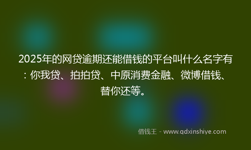 2025年的网贷逾期还能借钱的平台叫什么名字有：你我贷、拍拍贷、中原消费金融、微博借钱、替你还等。