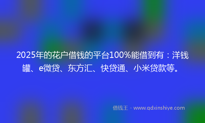 2025年的花户借钱的平台100%能借到有：洋钱罐、e微贷、东方汇、快贷通、小米贷款等。