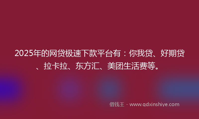 2025年的网贷极速下款平台有：你我贷、好期贷、拉卡拉、东方汇、美团生活费等。