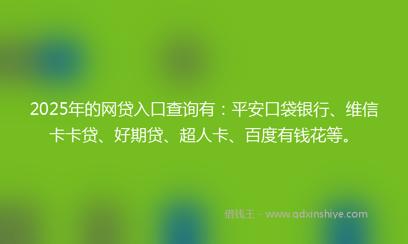 2025年的网贷入口查询有：平安口袋银行、维信卡卡贷、好期贷、超人卡、百度有钱花等。