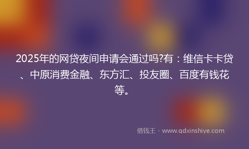 2025年的网贷夜间申请会通过吗?有：维信卡卡贷、中原消费金融、东方汇、投友圈、百度有钱花等。