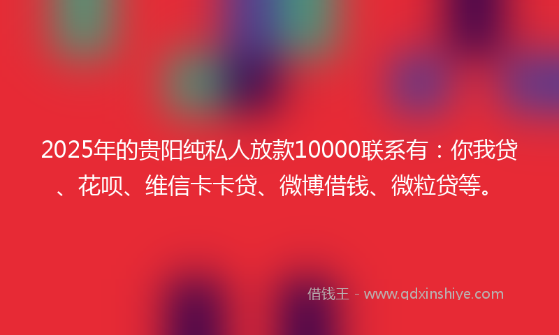 2025年的贵阳纯私人放款10000联系有：你我贷、花呗、维信卡卡贷、微博借钱、微粒贷等。