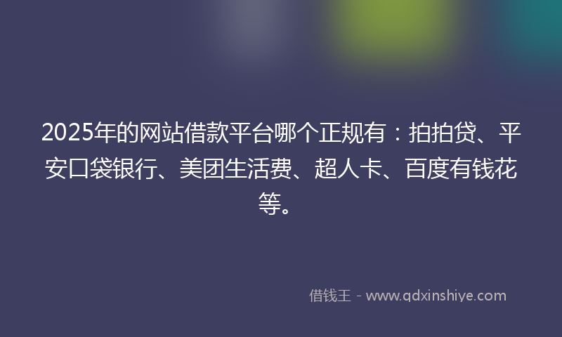 2025年的网站借款平台哪个正规有：拍拍贷、平安口袋银行、美团生活费、超人卡、百度有钱花等。