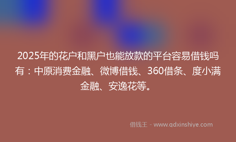 2025年的花户和黑户也能放款的平台容易借钱吗有：中原消费金融、微博借钱、360借条、度小满金融、安逸花等。
