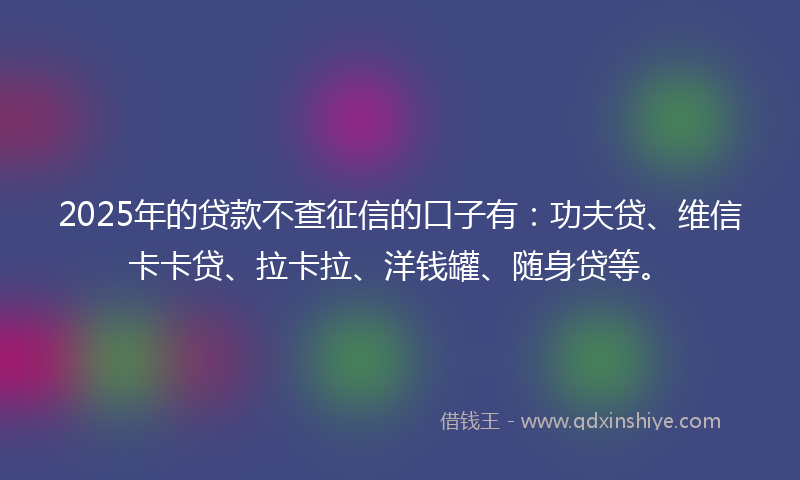 2025年的贷款不查征信的口子有：功夫贷、维信卡卡贷、拉卡拉、洋钱罐、随身贷等。