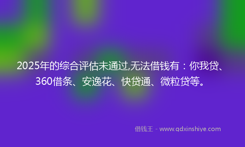 2025年的综合评估未通过,无法借钱有：你我贷、360借条、安逸花、快贷通、微粒贷等。