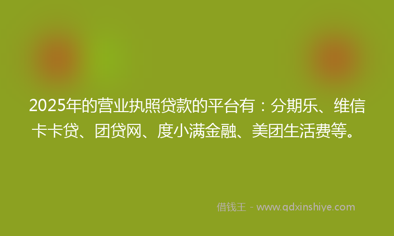 2025年的营业执照贷款的平台有：分期乐、维信卡卡贷、团贷网、度小满金融、美团生活费等。