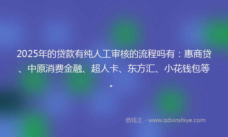 2025年的贷款有纯人工审核的流程吗有：惠商贷、中原消费金融、超人卡、东方汇、小花钱包等。