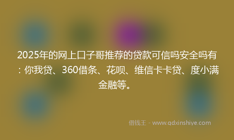 2025年的网上口子哥推荐的贷款可信吗安全吗有：你我贷、360借条、花呗、维信卡卡贷、度小满金融等。