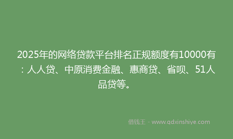 2025年的网络贷款平台排名正规额度有10000有：人人贷、中原消费金融、惠商贷、省呗、51人品贷等。