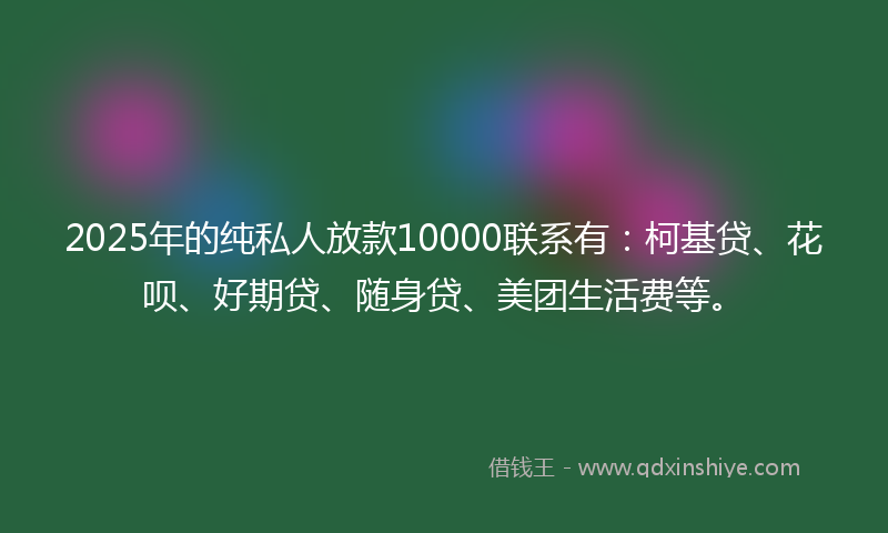 2025年的纯私人放款10000联系有：柯基贷、花呗、好期贷、随身贷、美团生活费等。