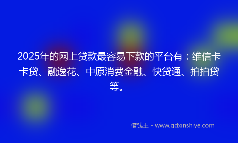 2025年的网上贷款最容易下款的平台有：维信卡卡贷、融逸花、中原消费金融、快贷通、拍拍贷等。