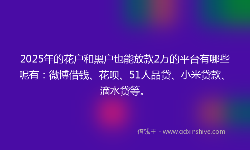 2025年的花户和黑户也能放款2万的平台有哪些呢有：微博借钱、花呗、51人品贷、小米贷款、滴水贷等。