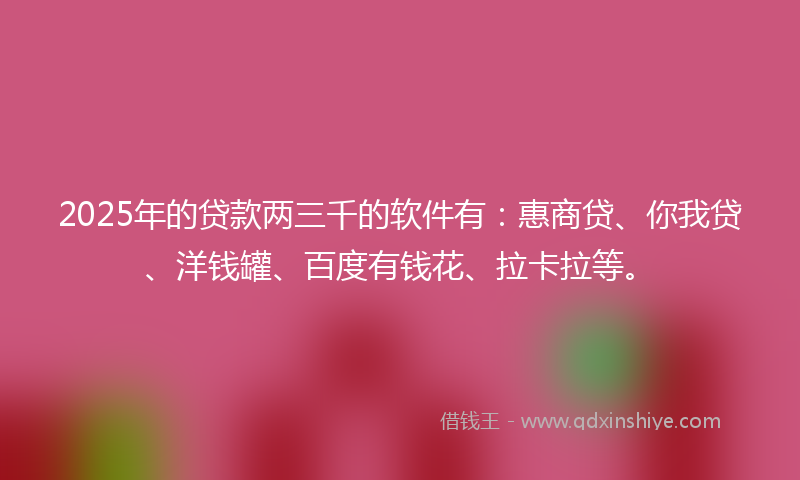 2025年的贷款两三千的软件有：惠商贷、你我贷、洋钱罐、百度有钱花、拉卡拉等。