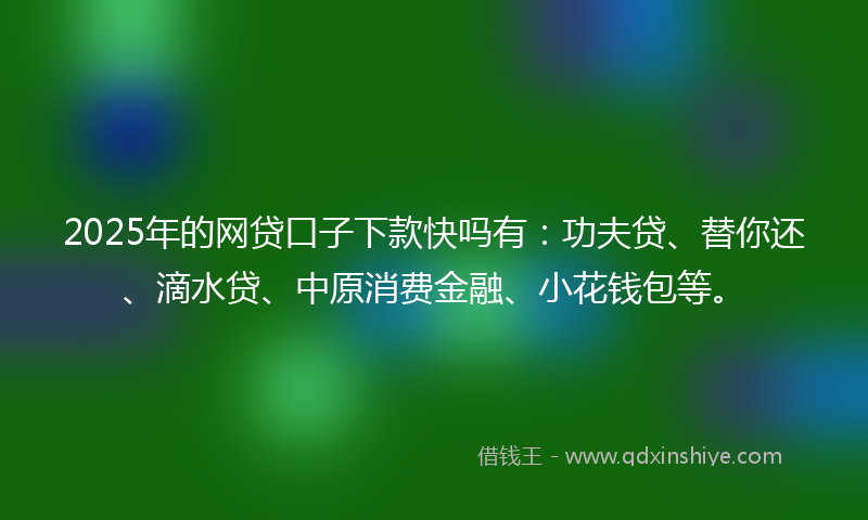 2025年的网贷口子下款快吗有：功夫贷、替你还、滴水贷、中原消费金融、小花钱包等。