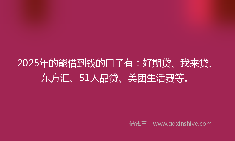 2025年的能借到钱的口子有：好期贷、我来贷、东方汇、51人品贷、美团生活费等。