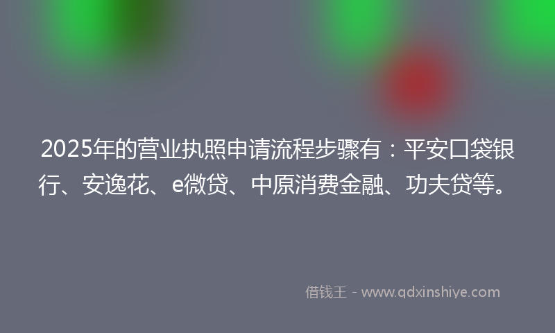 2025年的营业执照申请流程步骤有：平安口袋银行、安逸花、e微贷、中原消费金融、功夫贷等。