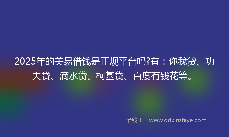 2025年的美易借钱是正规平台吗?有：你我贷、功夫贷、滴水贷、柯基贷、百度有钱花等。