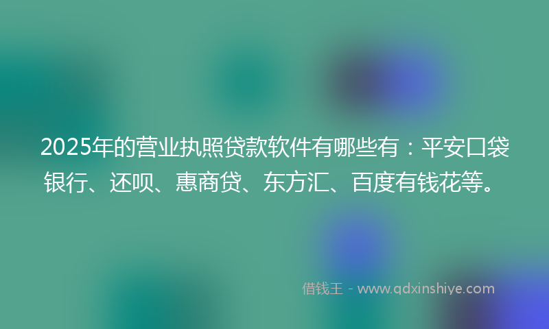 2025年的营业执照贷款软件有哪些有：平安口袋银行、还呗、惠商贷、东方汇、百度有钱花等。