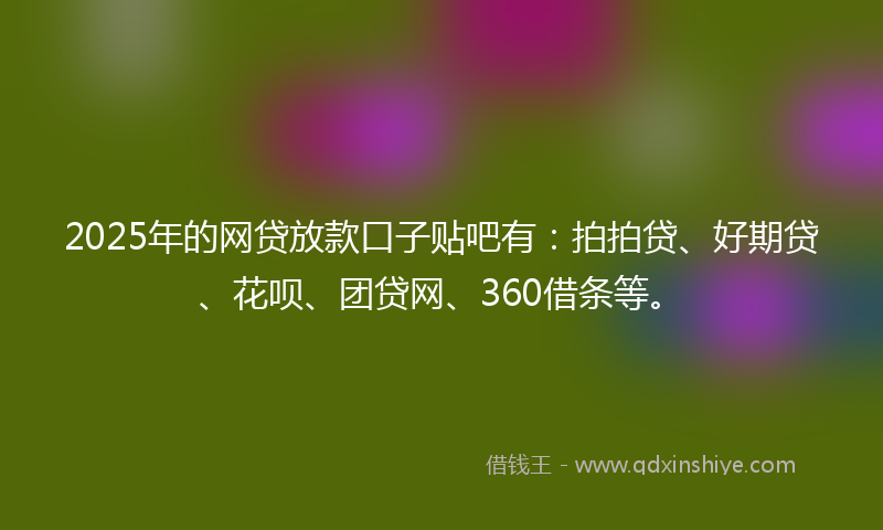 2025年的网贷放款口子贴吧有：拍拍贷、好期贷、花呗、团贷网、360借条等。