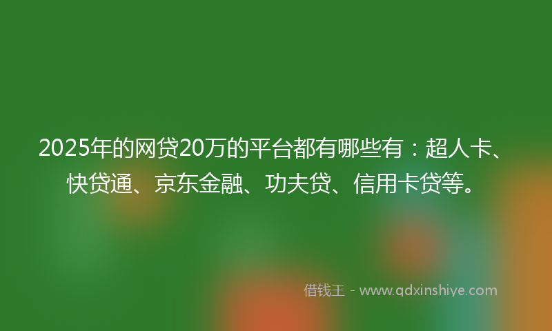 2025年的网贷20万的平台都有哪些有：超人卡、快贷通、京东金融、功夫贷、信用卡贷等。