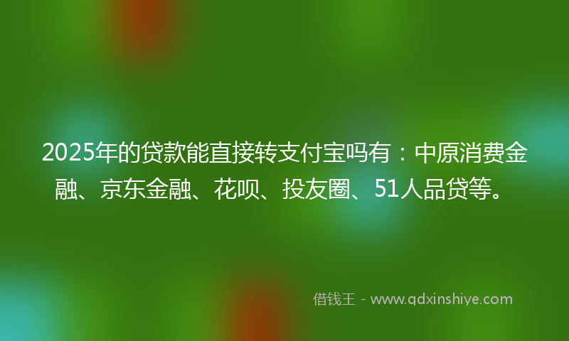 2025年的贷款能直接转支付宝吗有：中原消费金融、京东金融、花呗、投友圈、51人品贷等。