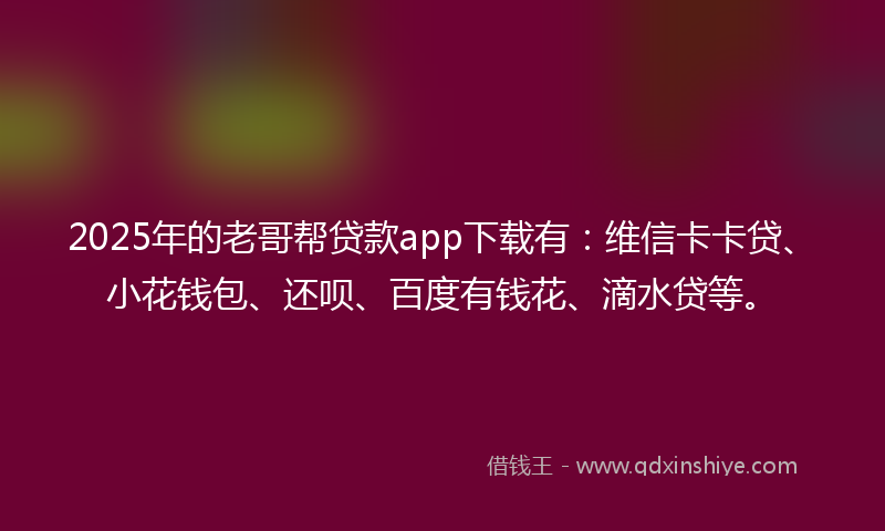 2025年的老哥帮贷款app下载有：维信卡卡贷、小花钱包、还呗、百度有钱花、滴水贷等。