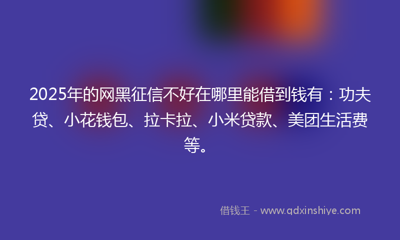 2025年的网黑征信不好在哪里能借到钱有：功夫贷、小花钱包、拉卡拉、小米贷款、美团生活费等。