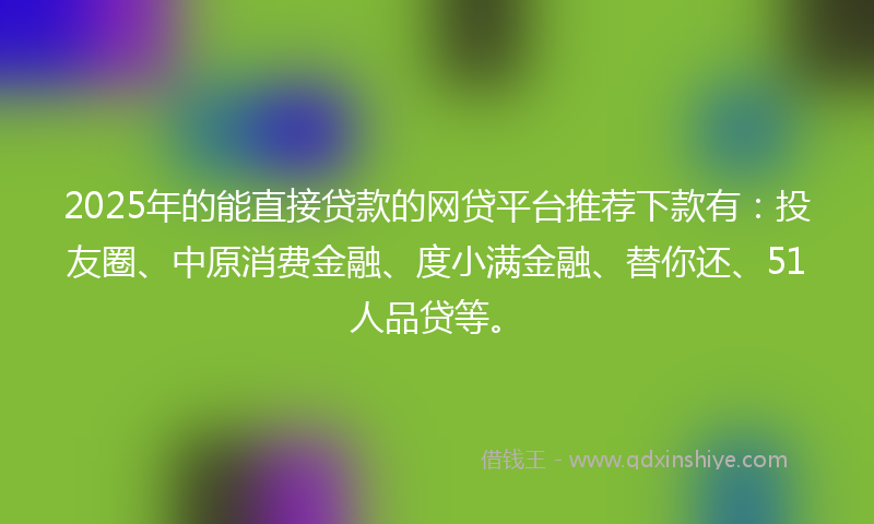 2025年的能直接贷款的网贷平台推荐下款有：投友圈、中原消费金融、度小满金融、替你还、51人品贷等。