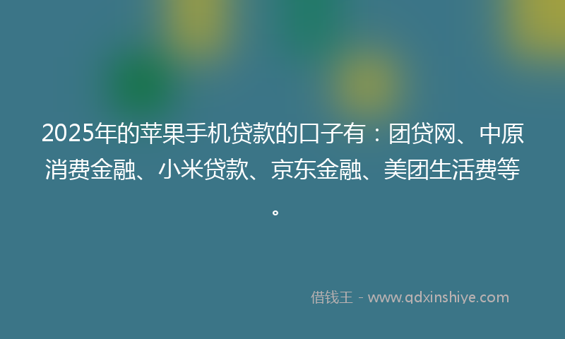 2025年的苹果手机贷款的口子有：团贷网、中原消费金融、小米贷款、京东金融、美团生活费等。