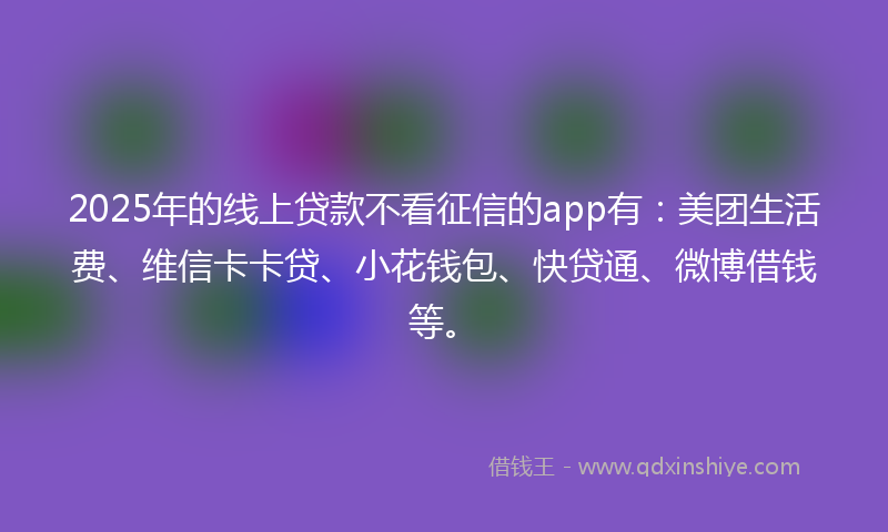 2025年的线上贷款不看征信的app有：美团生活费、维信卡卡贷、小花钱包、快贷通、微博借钱等。