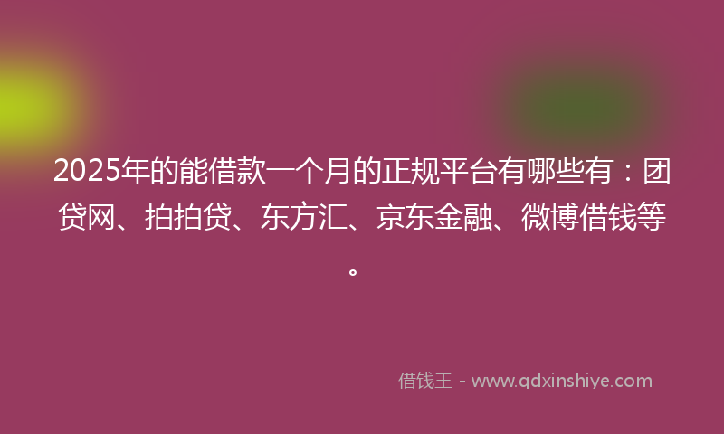 2025年的能借款一个月的正规平台有哪些有：团贷网、拍拍贷、东方汇、京东金融、微博借钱等。