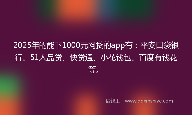 2025年的能下1000元网贷的app有：平安口袋银行、51人品贷、快贷通、小花钱包、百度有钱花等。