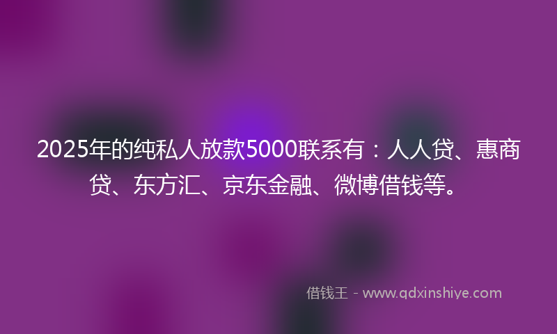 2025年的纯私人放款5000联系有：人人贷、惠商贷、东方汇、京东金融、微博借钱等。
