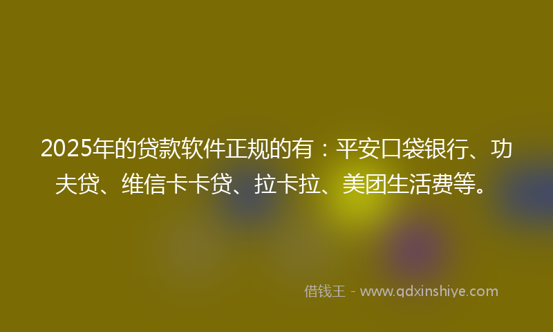 2025年的贷款软件正规的有：平安口袋银行、功夫贷、维信卡卡贷、拉卡拉、美团生活费等。