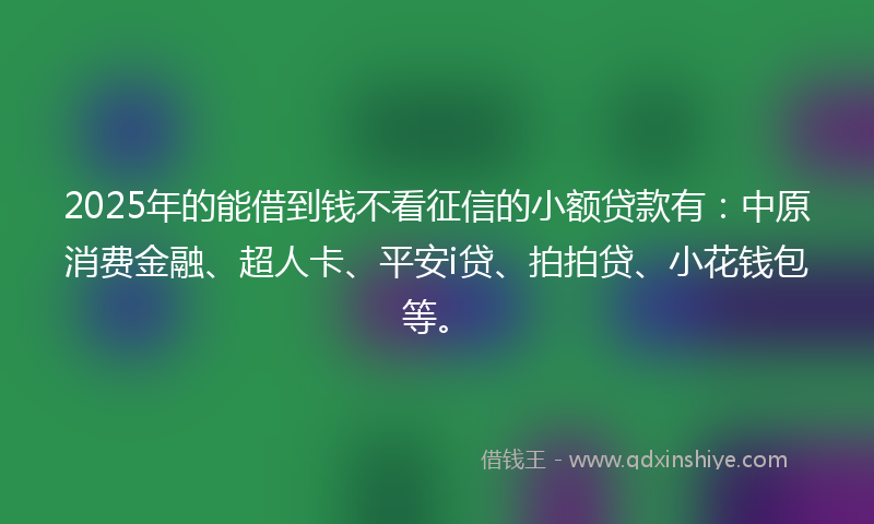 2025年的能借到钱不看征信的小额贷款有：中原消费金融、超人卡、平安i贷、拍拍贷、小花钱包等。