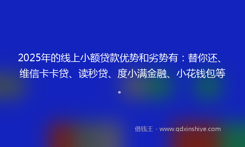 2025年的线上小额贷款优势和劣势有：替你还、维信卡卡贷、读秒贷、度小满金融、小花钱包等。