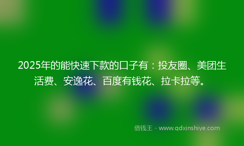 2025年的能快速下款的口子有：投友圈、美团生活费、安逸花、百度有钱花、拉卡拉等。