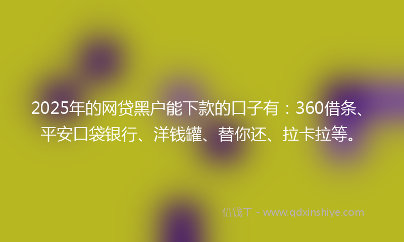 2025年的网贷黑户能下款的口子有：360借条、平安口袋银行、洋钱罐、替你还、拉卡拉等。