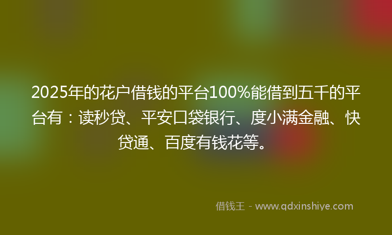 2025年的花户借钱的平台100%能借到五千的平台有：读秒贷、平安口袋银行、度小满金融、快贷通、百度有钱花等。