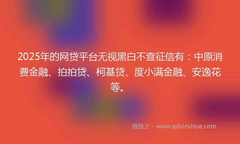 2025年的网贷平台无视黑白不查征信有：中原消费金融、拍拍贷、柯基贷、度小满金融、安逸花等。