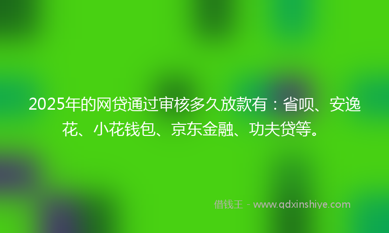 2025年的网贷通过审核多久放款有：省呗、安逸花、小花钱包、京东金融、功夫贷等。