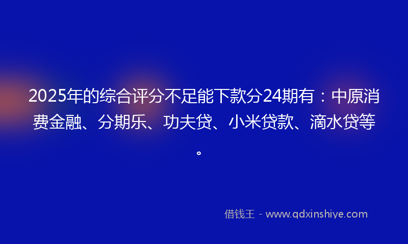 2025年的综合评分不足能下款分24期有：中原消费金融、分期乐、功夫贷、小米贷款、滴水贷等。